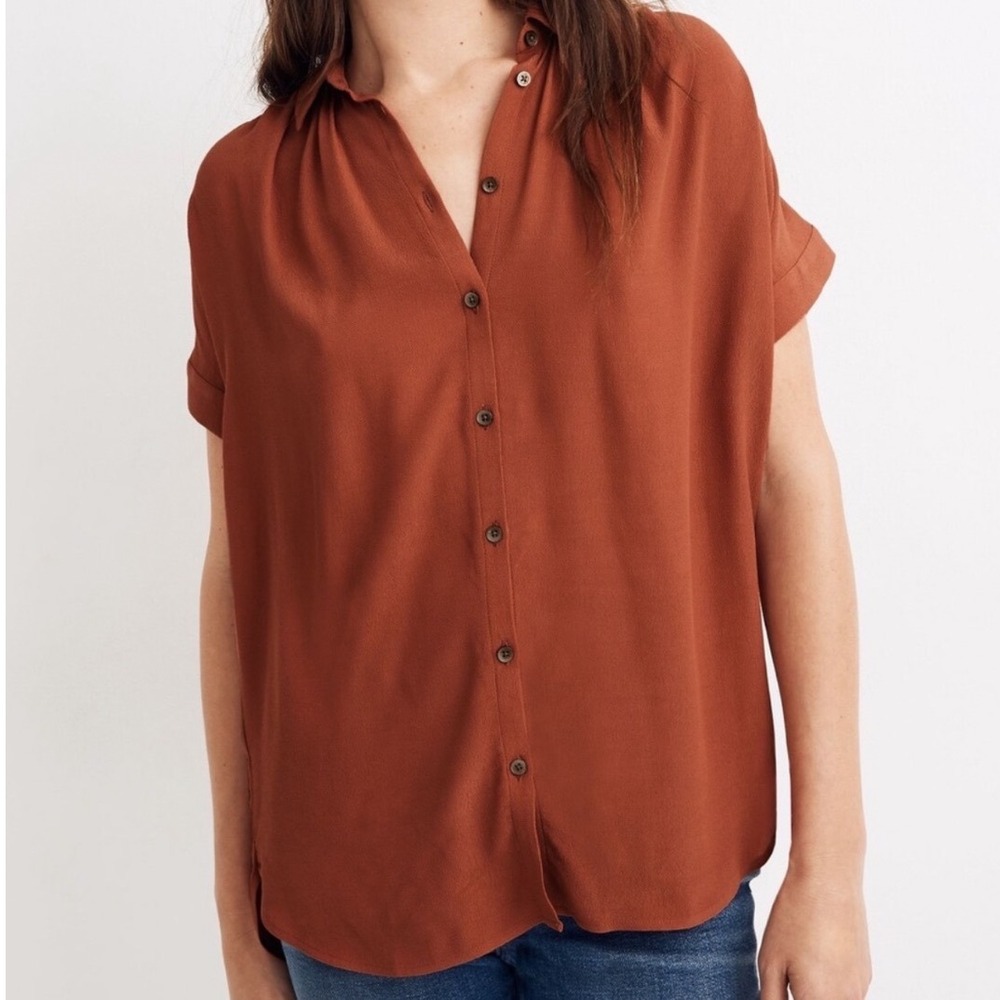 Madewell Central Shirt Rust Brown Viscose Button Down Short Sleeve Top XS